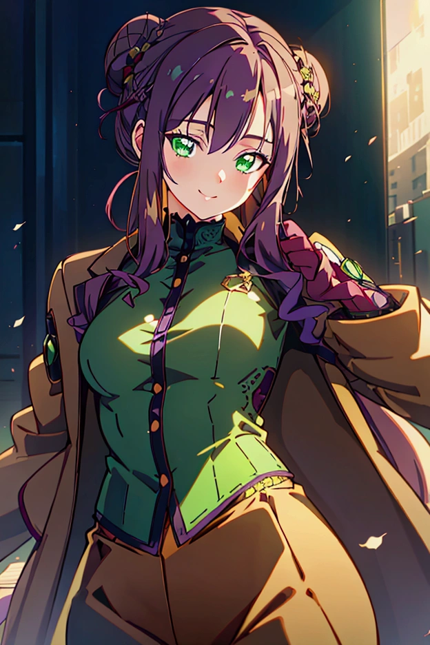 a beautiful woman with long purple hair in a bun, wearing a beige jacket and trousers, a burgundy fitted shirt underneath, green eyes, small breasts, warm smile, realistic, photorealistic, 8k, high quality, detailed face and clothing, intricate details, soft lighting, warm color tones, cinematic composition, masterpiece