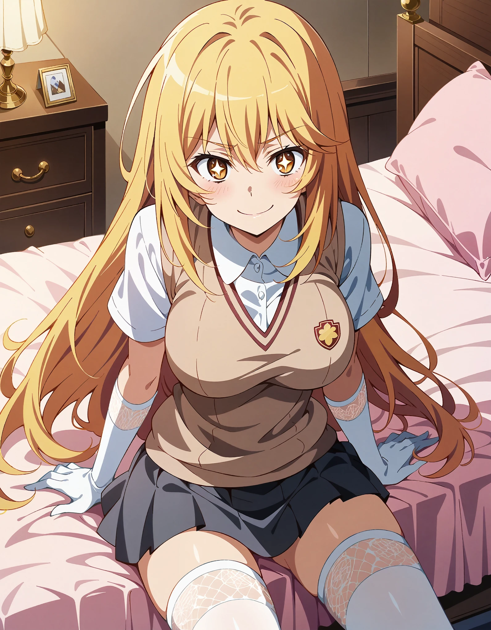 masterpiece, best quality, very aesthetic, absurdres, perfect composition, moist skin, intricate details, anime style, anime artwork, official art, beautiful detailed eyes, BREAK 1girl, solo, shokuhou misaki, toaru majutsu no index, +_+, large breasts, blonde long hair, tokiwadai school uniform, sweater vest, short sleeves, elbow gloves, thighhighs, pleated skirt, white lingerie panties, pantyshot, BREAK smug, luxury room, bed room, pink theme room,