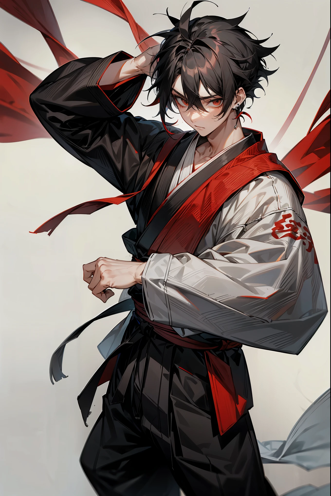 1male, Adult, Two-Toned Hair, White and Black Hair, Messy Hair, Short Hair, Large Ear Rings, Red Martial Arts Clothing, Black Baggy Pants, Red Haori, Grey Sash