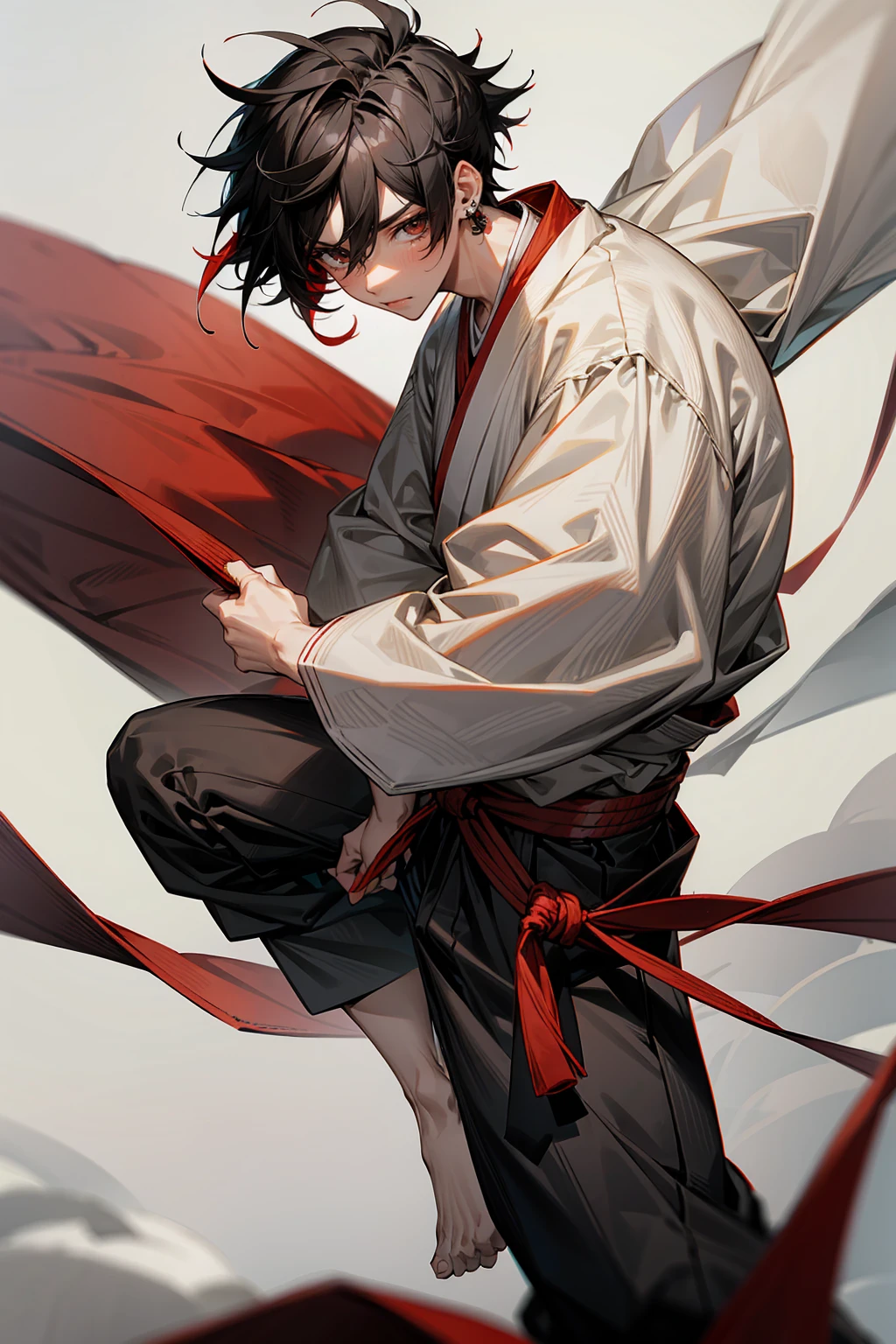 1male, Adult, Two-Toned Hair, White and Black Hair, Messy Hair, Short Hair, Large Ear Rings, Red Martial Arts Clothing, Black Baggy Pants, Red Haori, Grey Sash