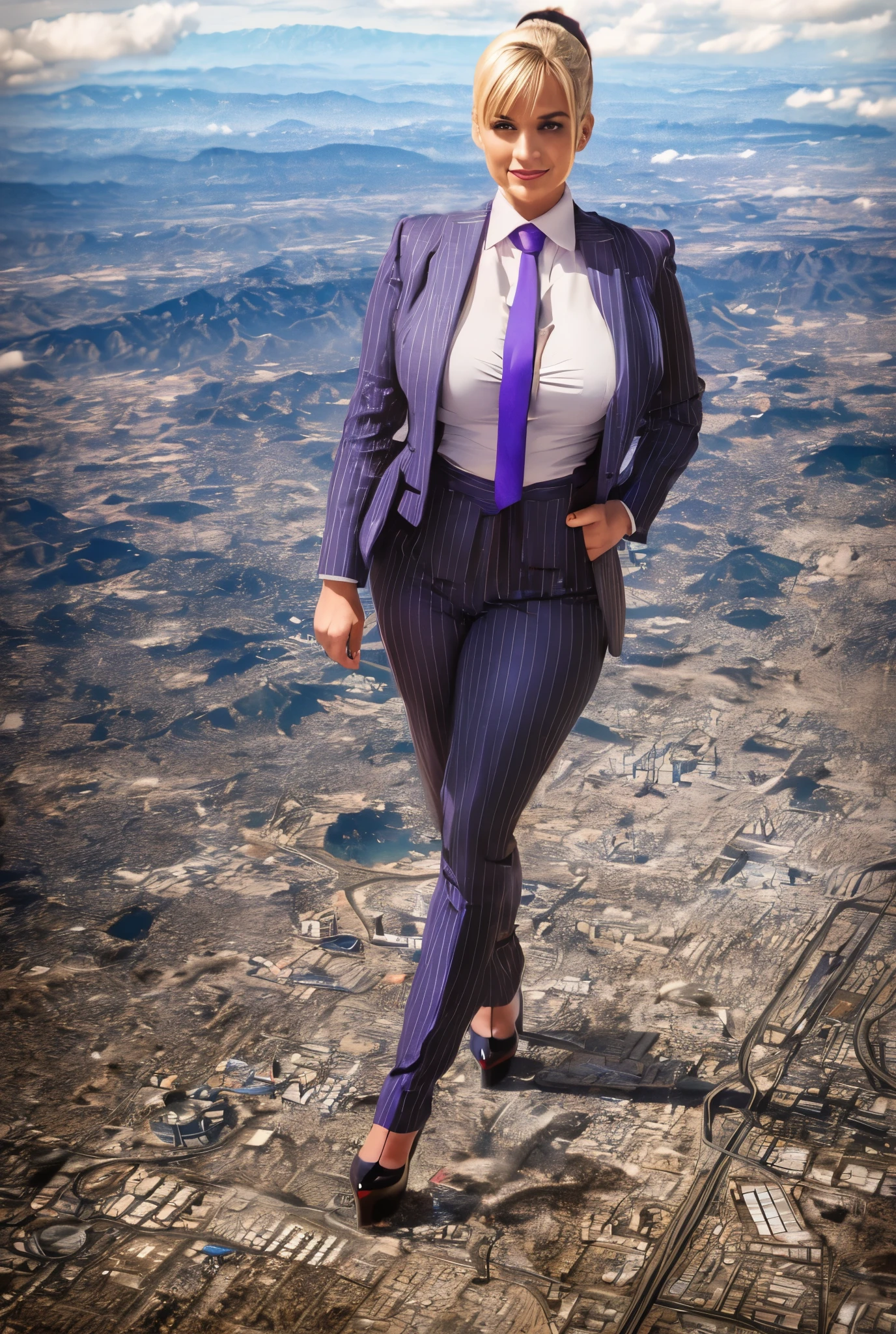 Young adult women beautiful curves a massive thighs blonde hair in a ponytail lipstick wearing a perfect perfect tailored grey pinstriped trouser suit and blazer, crisp white shirt and large broad windsor knot purple tie,colossal breasts. Platform high heels , standing, giantess art, tie bar, highly detailed giantess shots, giantess, most detailed, perfect face, Two legs, Five fingers, short hair, A girl who is bigger than a skyscraper, standing on very small city las vegas, skyscarpers at their feet, skyscrapers small, smile, huge breasts, major metropolis, numerous cities, , A very small big city, Miniature metropolis, Full body description, GTS, giga giantess, gigagts, stomping city, crash city, tiny city, micro city, , High resolution, highest quality, masterpiece,  tiny destroyed skyscrapers city, illustration, skyscrapers size of small toys standing behind and very far away from city, (masterpiece, best quality, best shadows, best shading, perfect hands, perfect face, cinematic lighting, colorful, ultra-detailed, beautiful photography, character focus, extremely-detailed, photorealistic, hyper photorealism, atmospheric), ), (giantess, stereotypical office boss), (dirty, filthy, unwashed, sweaty, unkempt, happy, tired, exhausted, annoyed), ((walking, mid stride:1.2, stepping down on:1.2, stomping, crush, rampage)), (black patent Louboutin rounded toe pumps, high heels, platform heels), ((,)), ((long ponytail hair with front bangs)), (high altitude photography, satellite view), (curvy, , heaving bosom, legs), (mega city, urban sprawl, and small towns, buildings, roads), (((cloudy, overcast, clouds and atmosphere partly obscuring the subject:1.2, hazy atmosphere, haze in foreground, wispy clouds)))