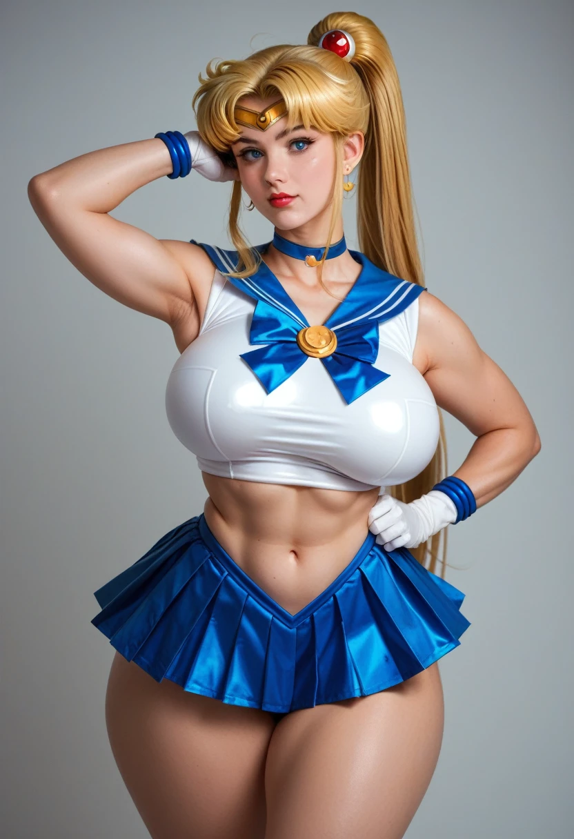 (((((Massive Female Bodybuilder))))), , ,
((((Muscular Quadriceps)))), , ,
((((Huge breasts)))), , ,
1, , 1girl, (Blue Eyes), happy face, (Extreme long Shot ELS :1.3), ((Sana Minatozaki)), wide hips, big ass, (Best Quality, 8k, Masterpiece: 1.3), Clear Focus: 1.2 , Perfect Body Beauty: 1.4 , Slender Abs: 1.2, Wet Body: 1.5 , Highly detailed face and skin texture, detailed eyes, double eyelids, (long twintails blonde hair), Usagi Tsukino \(sailor moon\) :1.4, Sailor moon, cleavage,blue skirt, red bow, hair bun, hair ornament, blue sailor collar, red choker, red boots, high heels, sailor senshi uniform, white gloves, tiara, elbow gloves, pleated skirt, knee boots blue, standing, tokyo