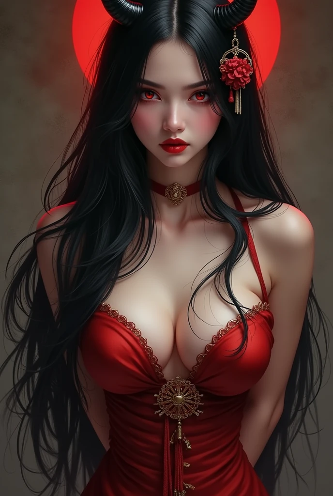 Sexy woman, Black Hair, Single Braid, Seductive eyes, Strong gaze, open mouth, Deep Red, flurry, Pretty Face, Amazing makeup, Off the shoulder T-shirt