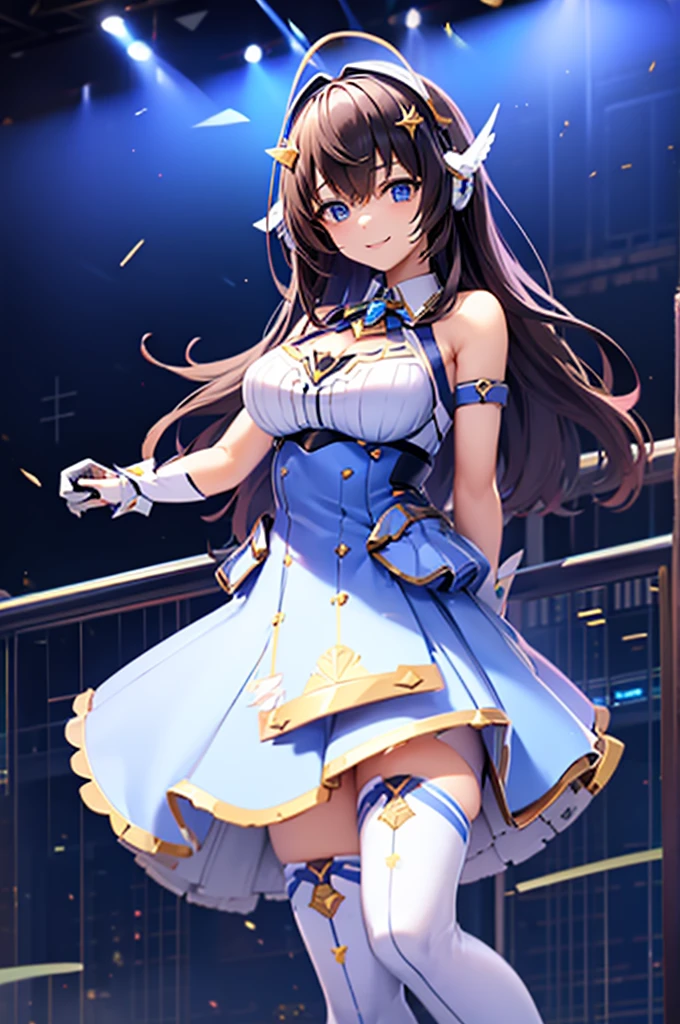 mecha wings、White and blue skirt、Thighs、tights、chest、Black Hair、1 girl、solo girl、IS、Frame Arms Girl、Alice Gere Aegis、Blue Armor、income、headphone、hand on own chest、smile、idol woman、idol dress