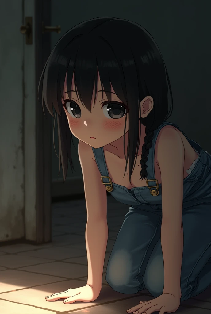 (depicting a single moment from a video for adults), (various patterned feminine casual dress), ((round face, eyes with realistic sizing, drooping eyes, blush, sweat, shame smile, open legs)), (((standing to hit her crotch the corner of the table, orgasm))), open mouth, braid, outside