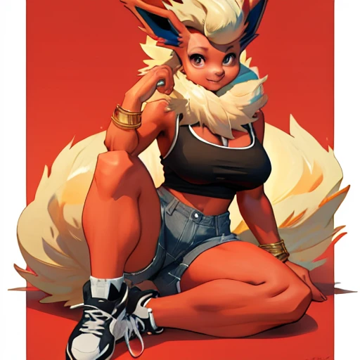 ((Flareon)), anthropomorphic, big boobs, big ass, pokemorph, (((1girl))), (((black cropped tank top))), (denim short shorts), (black flats), cute and sexy, red skin, long legs