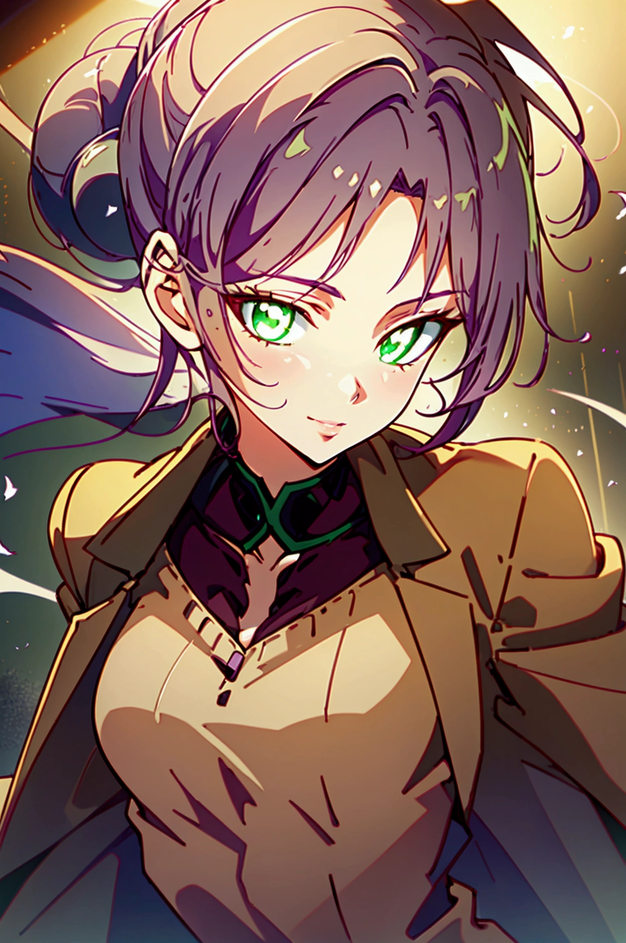 A woman with purple hair tied in a bun,beige jacket and trousers,burgundy fitted shirt,green eyes,small breasts,warm smile,extremely detailed face and eyes,beautiful detailed lips,longeyelashes,high quality,8k,photorealistic,masterpiece,fine art portrait,dramatic lighting,muted colors,natural tones