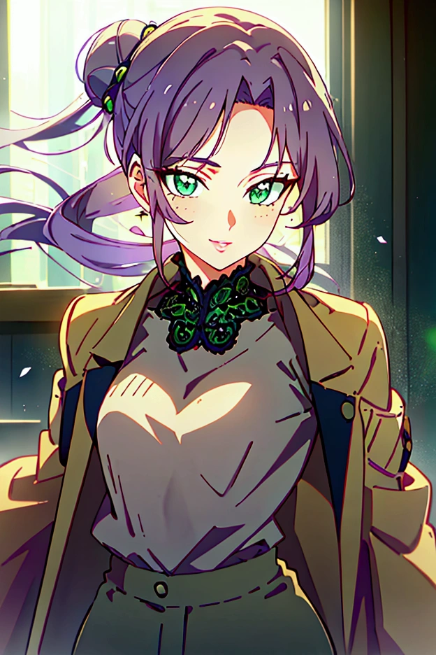 A woman with purple hair tied in a bun,beige jacket and trousers,burgundy fitted shirt,green eyes,small breasts,warm smile,extremely detailed face and eyes,beautiful detailed lips,longeyelashes,high quality,8k,photorealistic,masterpiece,fine art portrait,dramatic lighting,muted colors,natural tones