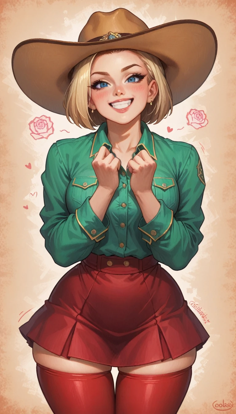 High Definition, 8k, detailed face, huge ass, grabbing his ass, riding a horse, Android 18 from Dragon Ball z, deep blue eyes, ((Green shirt, cowboy hat, Red stockings, white mini skirt)), desert, (big breasts)), thin and thin, Body of equal proportions, Front view, Beautiful smile, smiling at the viewer, blushing cheeks,