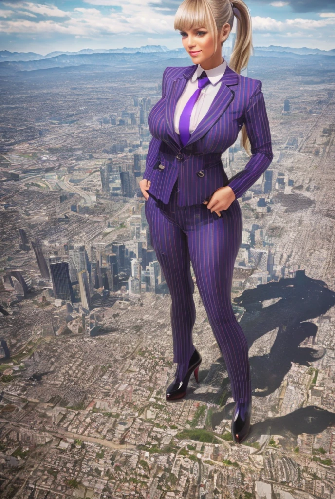 Young adult women beautiful curves a massive thighs blonde hair in a ponytail lipstick wearing a perfect perfect tailored grey pinstriped trouser suit and blazer, crisp white shirt and large broad windsor knot purple tie,colossal breasts. Platform high heels , standing, giantess art, tie bar, highly detailed giantess shots, giantess, most detailed, perfect face, Two legs, Five fingers, short hair, A girl who is bigger than a skyscraper, standing on very small city las vegas, skyscarpers at their feet, skyscrapers small, smile, huge breasts, major metropolis, numerous cities, , A very small big city, Miniature metropolis, Full body description, GTS, giga giantess, gigagts, stomping city, crash city, tiny city, micro city, , High resolution, highest quality, masterpiece,  tiny destroyed skyscrapers city, illustration, skyscrapers size of small toys standing behind and very far away from city, (masterpiece, best quality, best shadows, best shading, perfect hands, perfect face, cinematic lighting, colorful, ultra-detailed, beautiful photography, character focus, extremely-detailed, photorealistic, hyper photorealism, atmospheric), ), (giantess, stereotypical office boss), (dirty, filthy, unwashed, sweaty, unkempt, happy, tired, exhausted, annoyed), ((walking, mid stride:1.2, stepping down on:1.2, stomping, crush, rampage)), (black patent Louboutin rounded toe pumps, high heels, platform heels), ((,)), ((long ponytail hair with front bangs)), (high altitude photography, satellite view), (curvy, , heaving bosom, legs), (mega city, urban sprawl, and small towns, buildings, roads), (((cloudy, overcast, clouds and atmosphere partly obscuring the subject:1.2, hazy atmosphere, haze in foreground, wispy clouds))) footprints warzone 