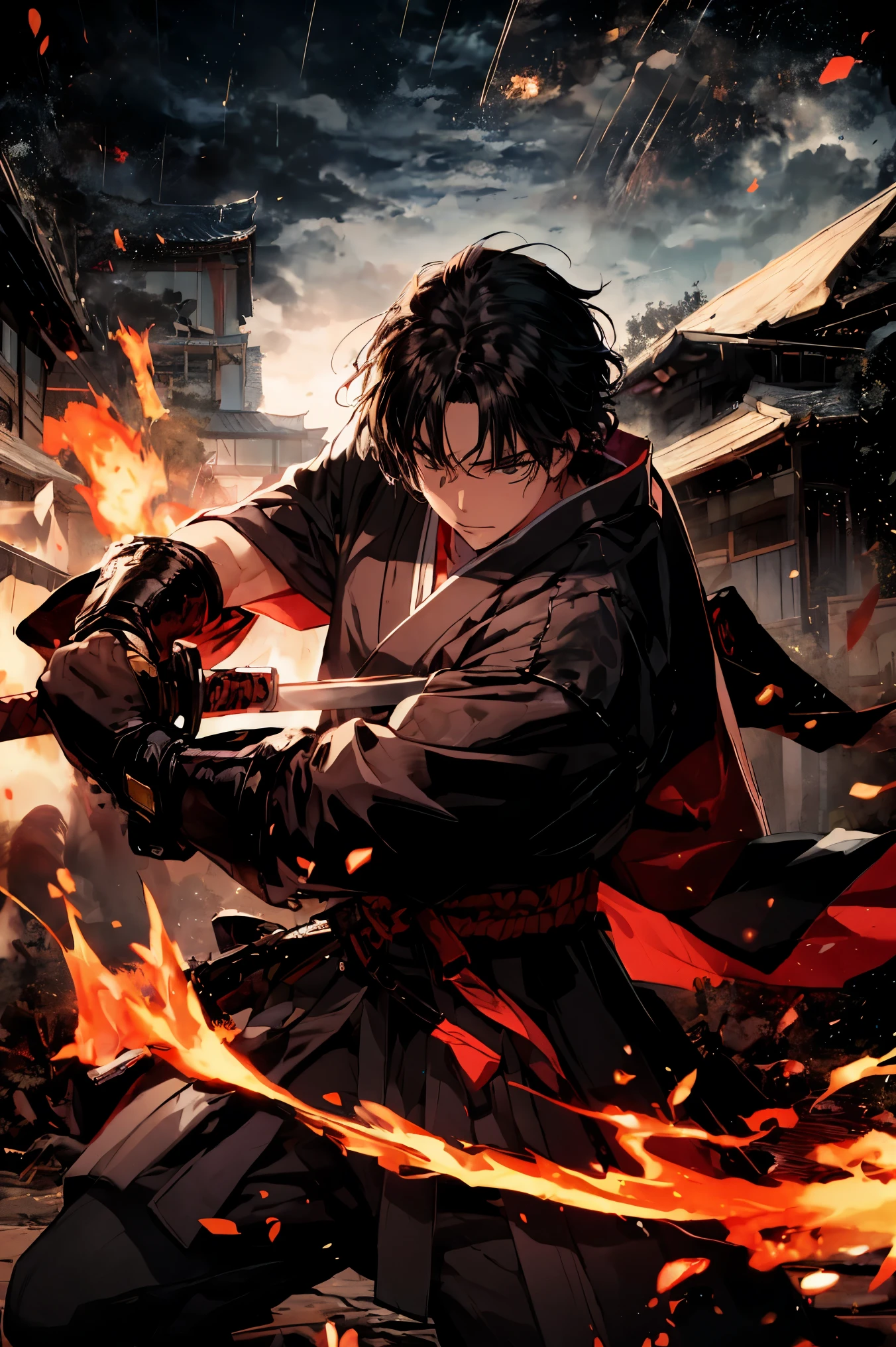 Mufune Toshiro, Toshiro Mifune, Japanese samurai, 55yo, upper body, dynamic, fighting stance, holding katana sword, grass field, rain, Temple, Japanese Temple, thunder, black cloud, black theme, dark theme background,
BREAK,
Close-up of face, fighting scene, looking the viewer, (Duel scene:1.5), (Holding a sword:1.5), (trying to keep up the pace:1.5), (Just before being attacked:1.5), dynamic angle, movie scene,
BREAK,
wearing a black japanese clothes, black dogi, black hakama, detailed clothes, assassin fire yang ki yin ki mount hua flame god. Murim warrior.