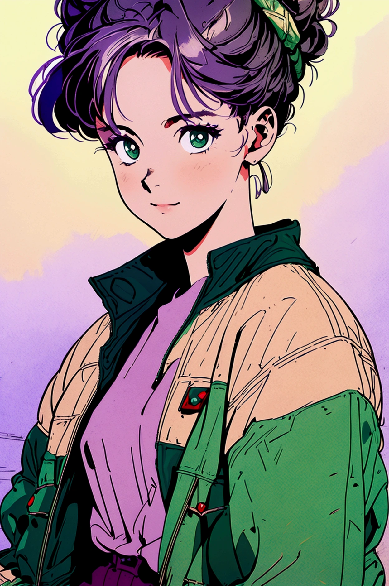 a woman with purple hair tied in a bun, wearing a beige jacket and trousers, burgundy fitted shirt underneath, green eyes, small breasts, warm smile, detailed face, intricate clothing textures, cinematic lighting, photorealistic, high quality, digital art, concept art