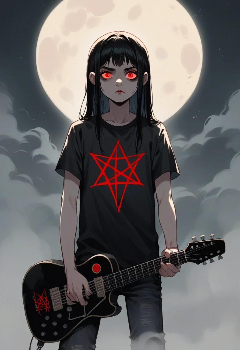 Young brunette with a black electric guitar, long black hair, Black jeans , black t-shirt with pentagram, Red eyes, a gloomy mansion behind, a lot of bats, wolves with blood, night, moon, darkness, fog, vampire, photoRealstic