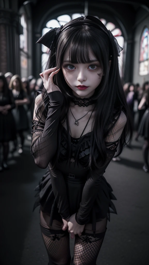 RAW Photos、8k、(Highest quality)、Realistic、(live-action、Intricate details)、(Natural skin texture、Detailed skin、Hyperrealism、Sharpness)、(Pale Skin:1.4、Large chest)、((((Black Thong、Black Gothic Fashion、Fishnet tights)))、Japanese teenage girls stand、((Straight Hair、))、(Parting lips:1.3、eye shadow、Tear bags:1.3、Red lips、Dark circles under the eyes)、Thighs、1、(((smile、Large Breasts、tight、黒いee-through、Frills、Semi-long hair、boots、Sticking out a long tongue))、LTRA Details、Fascinating beauty、Dainty woman、Cool Girl、Wavy Hair、Black chiffon dress、Wide sleeves、flered skirt、Black pantyhose、Evil Female Executive、Evil Fall、brainwash、lacy fabric、Glossy legs、black lipstick、Evil look、Suspicious look、Hollow eyes、wicked、Reaching out、Arms up、In the Church、Palm forward、Purple Lipstick、Pendants、（Blonde:1.4)