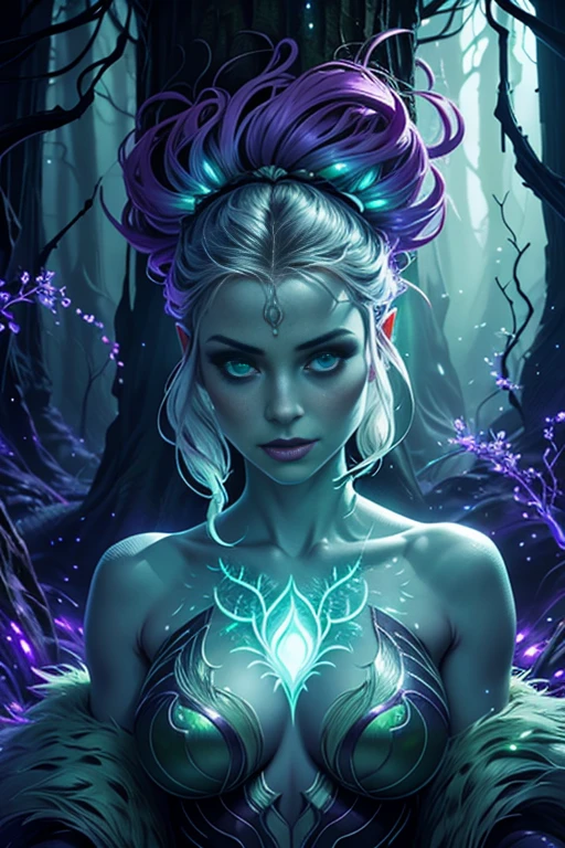 Dressed ((fur)) female alien, anthropomorphic avatar, three eyes, an eye in the middle of the forehead, cat ears, pointed beak, slender fingers, green flashing in the eyes, two hands, looking fierce, with a huge banyan tree, glittering, glowing plants in the background