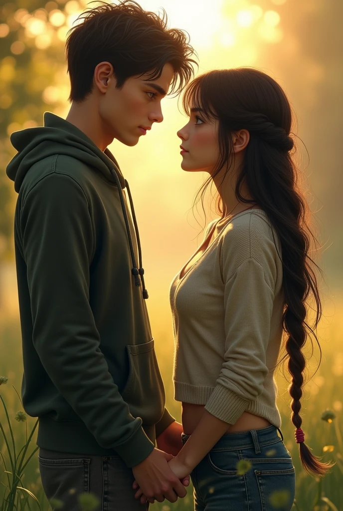 Girl and boy couple looking into each others eyes while holding hands ...