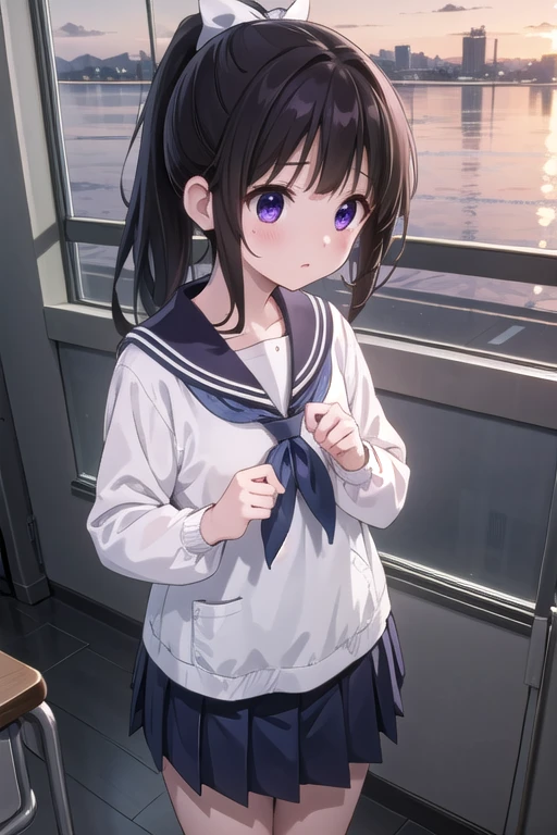 masterpiece,One Girl,,blush,sunrise,classroom,(Good luck) Clenched hands, Viewers are searching for Chitanda Eru,Shining Eyes,close,Long Hair，whole body，Sailor suit，mini skirt，whole body，Navy Blue Sailor Ribbon，ponytail