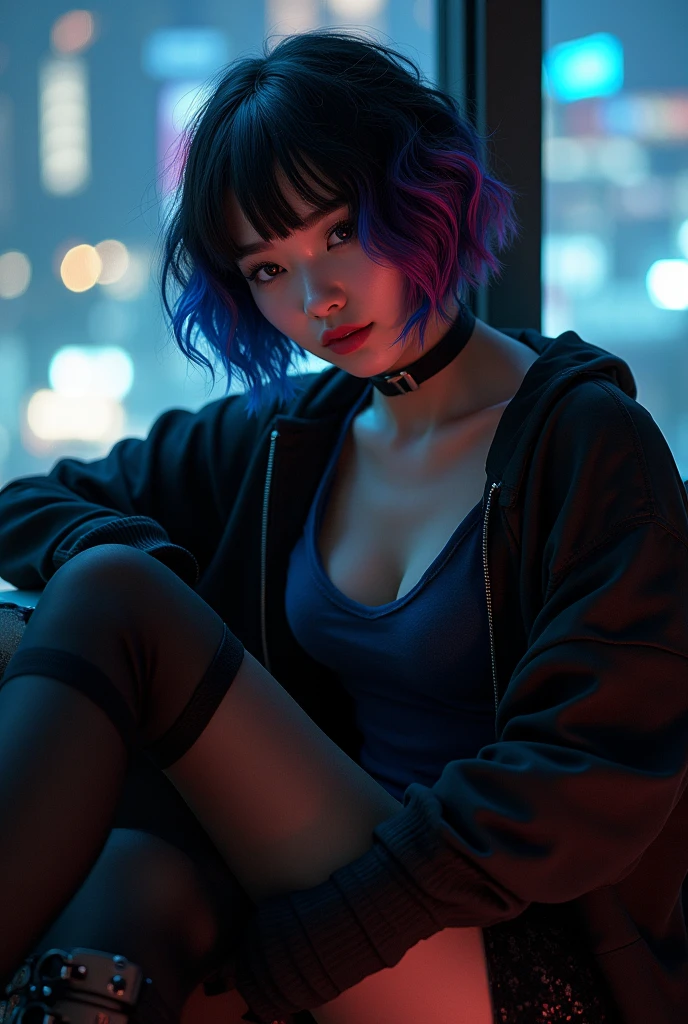 
David fincher lighting style realistic, Thailand ladyboy   , half asian, near future, black hair, short angled bob haircut, straight hair bangs,the hair has blue hair streaks and pink hair streaks,  , black thigh high socks, background, city apartment, , pretty skin, fully  shemale, shes transsexual, , ladyboy , ,  , she ,  pot, , gay ladyboy , femboy body,  