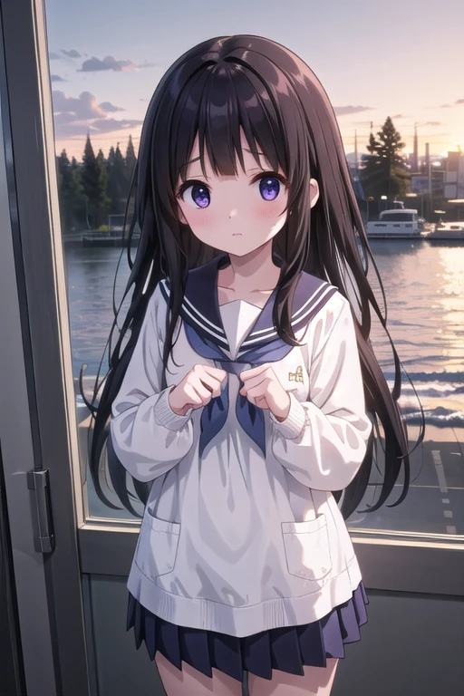 masterpiece,One Girl,,blush,sunrise,classroom,(Good luck) Clenched hands, Viewers are searching for Chitanda Eru,Shining Eyes,close,Long Hair，whole body，Sailor suit，mini skirt，whole body，Navy Blue Sailor Ribbon