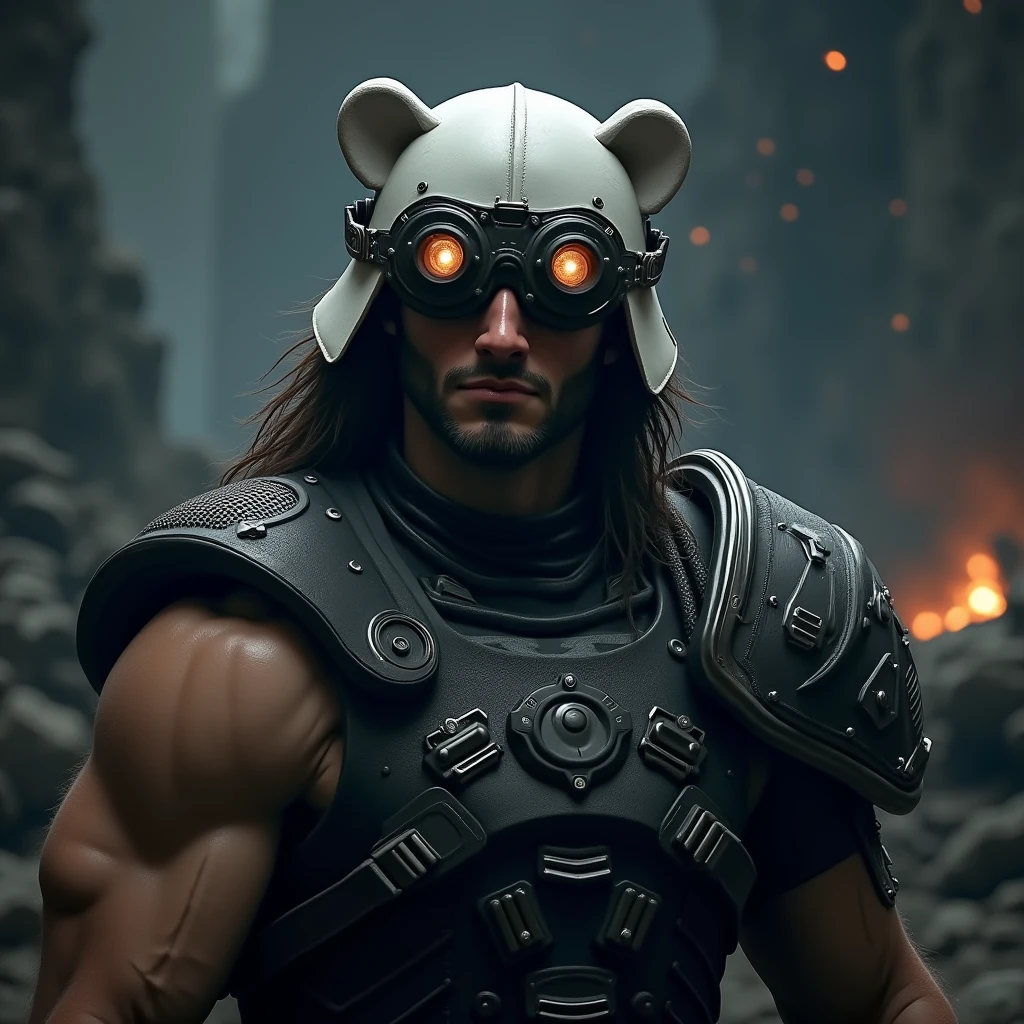 Picture a dystopian future in the year 2500, with a cyberpunk aesthetic. In the center of the frame is Kintaro, a burly Japanese man with a vibrant expression. He's equipped with an energy axe and is wearing a combat suit. His head is covered with a bear fur hat, and a bear-shaped pendant around his neck serves as a power booster. The color scheme is a mix of gold and bear brown. The image should be rendered in a hyper-realistic style, with a high level of detail and a resolution of 16k. The lighting should be low and moody, with neon lights casting long shadows and creating a sense of drama. Use a telephoto lens to emphasize Kintaro against the backdrop of the desolate landscape. --ar 16:9 --v 5.1 --style raw --q 2 --s 750