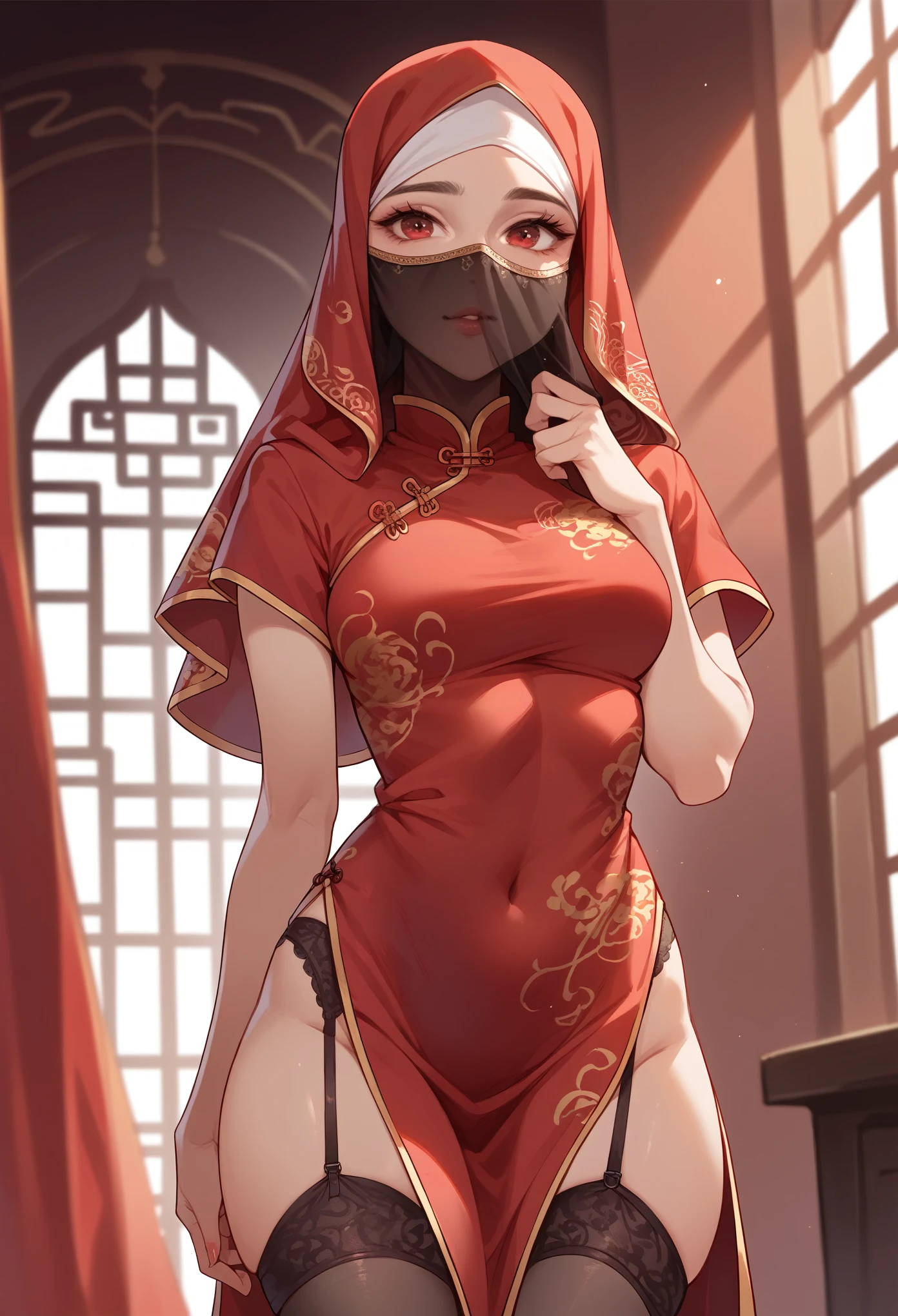 High resolution, adult woman , good lighting, despicable, , (No nudity), (((red China dress))), silk hijab, face veil(()), ((())), (garter belt), abdomen only, (), , cute face, I&#39;blush with embarrassment, humiliating, ((look back)), ((See-through))()(T-back)(A large amount of material is attached to the body,)

