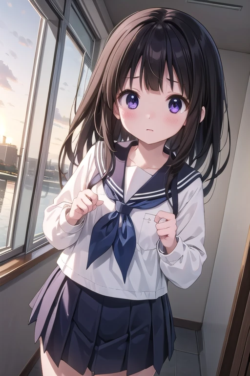 masterpiece,One Girl,,blush,sunrise,classroom,(Good luck) Clenched hands, Viewers are searching for Chitanda Eru,Shining Eyes,close,Long Hair，whole body，Sailor suit，mini skirt，whole body，Navy Blue Sailor Ribbon