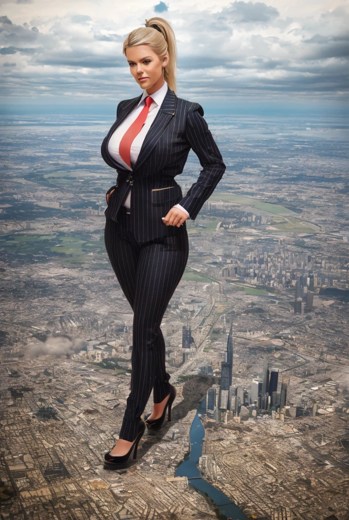 Young adult women beautiful curves a massive thighs blonde hair in a ponytail lipstick wearing a perfect perfect tailored grey pinstriped trouser suit and blazer, crisp white shirt and large broad windsor knot tie,colossal breasts. Platform high heels , standing, giantess art, tie bar, highly detailed giantess shots, giantess, most detailed, perfect face, Two legs, Five fingers, short hair, A girl who is bigger than a skyscraper, standing on very small city new york, skyscarpers at their feet, skyscrapers small, smile, huge breasts, major metropolis, numerous cities, , A very small big city, Miniature metropolis, Full body description, GTS, giga giantess, gigagts, stomping city, crash city, tiny city, micro city, , High resolution, highest quality, masterpiece,  tiny destroyed skyscrapers city, illustration, skyscrapers size of small toys standing behind and very far away from city, (masterpiece, best quality, best shadows, best shading, perfect hands, perfect face, cinematic lighting, colorful, ultra-detailed, beautiful photography, character focus, extremely-detailed, photorealistic, hyper photorealism, atmospheric), ), (giantess, stereotypical office boss), (dirty, filthy, unwashed, sweaty, unkempt, happy, tired, exhausted, annoyed), ((walking, mid stride:1.2, stepping down on:1.2, stomping, crush, rampage)), (black patent Louboutin rounded toe pumps, high heels, platform heels), ((,)), ((long ponytail hair with front bangs)), (high altitude photography, satellite view), (curvy, , heaving bosom, legs), (mega city, urban sprawl, and small towns, buildings, roads), (((cloudy, overcast, clouds and atmosphere partly obscuring the subject:1.2, hazy atmosphere, haze in foreground, wispy clouds))) footprints warzone 