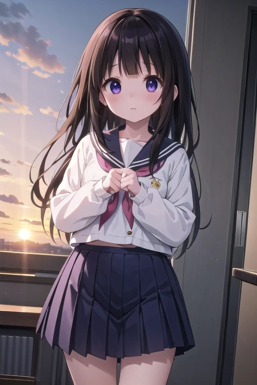 masterpiece,One Girl,,blush,sunrise,classroom,(Good luck) Clenched hands, Viewers are searching for Chitanda Eru,Shining Eyes,close,Long Hair，whole body，Sailor suit，mini skirt，whole body，Navy Blue Sailor Ribbon