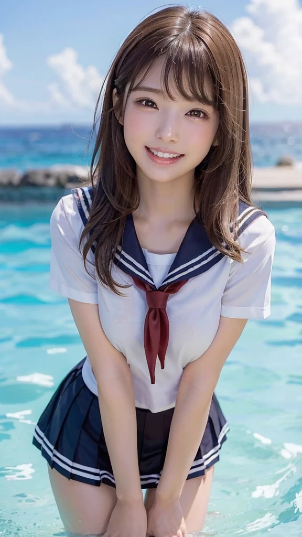 (Ultra high resolution, DSLR shot, 8k, highest quality, high definition, highest quality, ultra-high resolution, extremely beautiful woman, perfect anatomy), light brown eyes, very light brown eyes, small diamond-shaped earrings, looking directly at the camera, beautiful brown hair, ((, loose and cute medium ponytail, showing off beautiful thighs)), very short and beautiful bangs on brown hair, E-cup breasts, showing a beautiful décolleté, extremely beautiful 20-year-old, lip gloss, smiling very happily, very cute smile, upper teeth, beautiful teeth, (random beautiful summer ocean or pool horizon (background only)), slightly larger eyes, small face, tall supermodel, beautifully shaped model, (random cute pose showing off thighs), dynamic angle, eye focus, head tilt, very detailed and realistic, extremely beautiful 20-year-old, ((medium shot)), sharp jawline, ((sailor uniform)), deep waist curve, sexy legs, front view, smiling very joyfully, laughing, summer daytime.