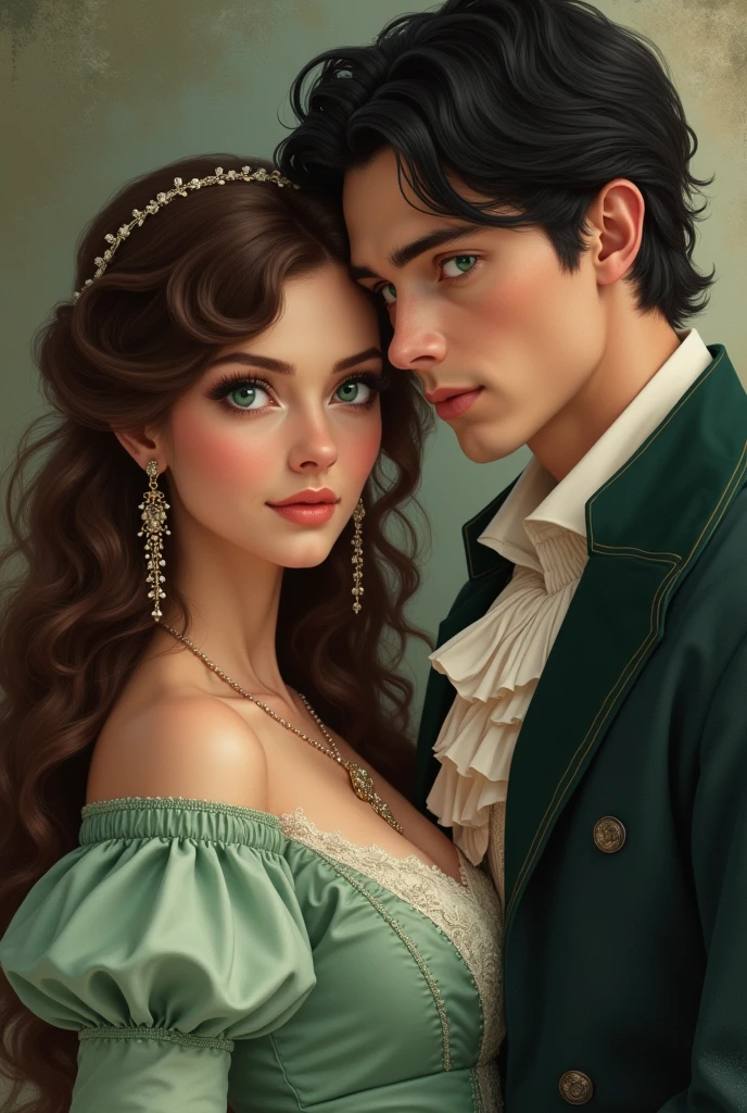 20 year old woman with detailed and real innocent face of Apache and English descent with black hair and green eyes, body with perfectly detailed curves, dressed in trousers and a blouse from the Victorian era imitating Robin Hood and behind her at her back a perfect and very real man of 39 years with a manly face and perfect jaw, Very white skin and detailed eyes in a blue color as beautiful as the sea., dressed in a black Victorian suit.
