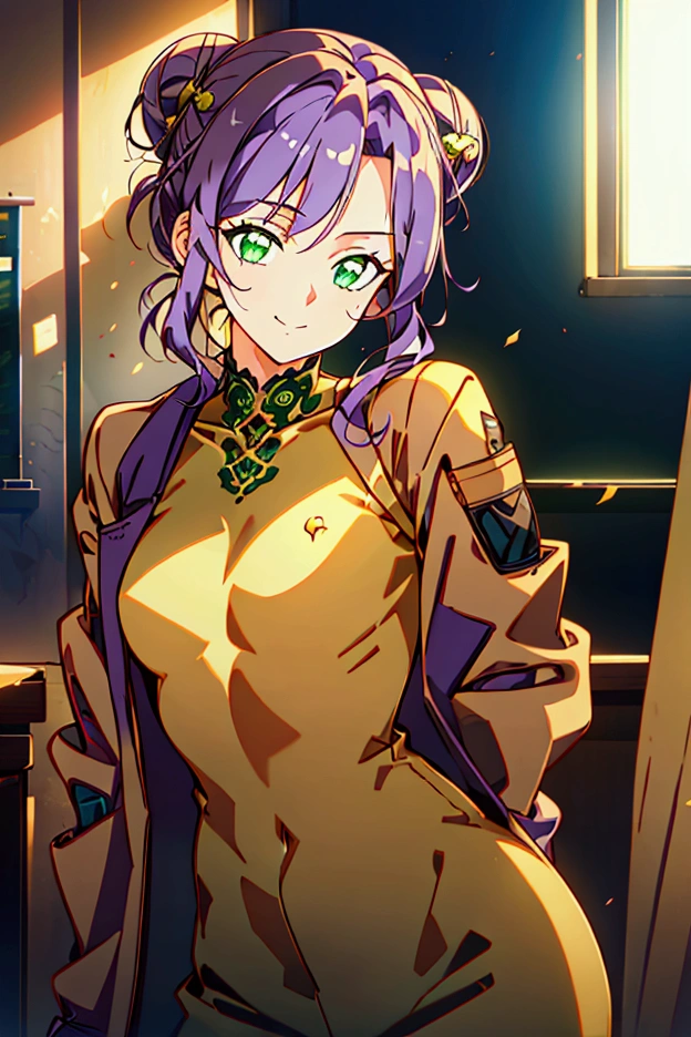 a woman with beautiful purple hair in a bun, wearing a beige jacket and trousers, green eyes, small breasts, warm smile, teacher, intricate details, cinematic lighting, golden hour, photorealistic, 8k, hyperdetailed, hyper-realistic