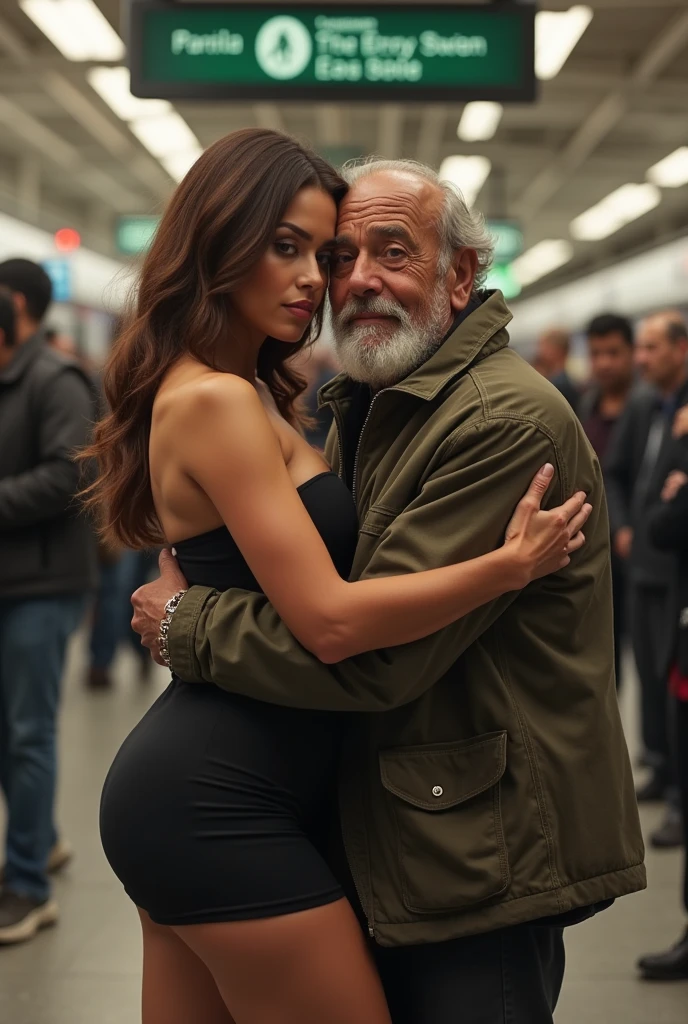 sfw, realist, Masterpiece, Detailed scene of the interior of the VERY busy subway train, Detailed background of VERY crowded subway train interior, standing insaneland hot italian (mujer nickand ferrari 1) usando sexand , (big ass), (thick thighs), (scared expression), Flushed face, old man small ass groping woman 1 from behind,(((small old man pressing his chest on woman 1 back))) and (((holding her waist behind her)))