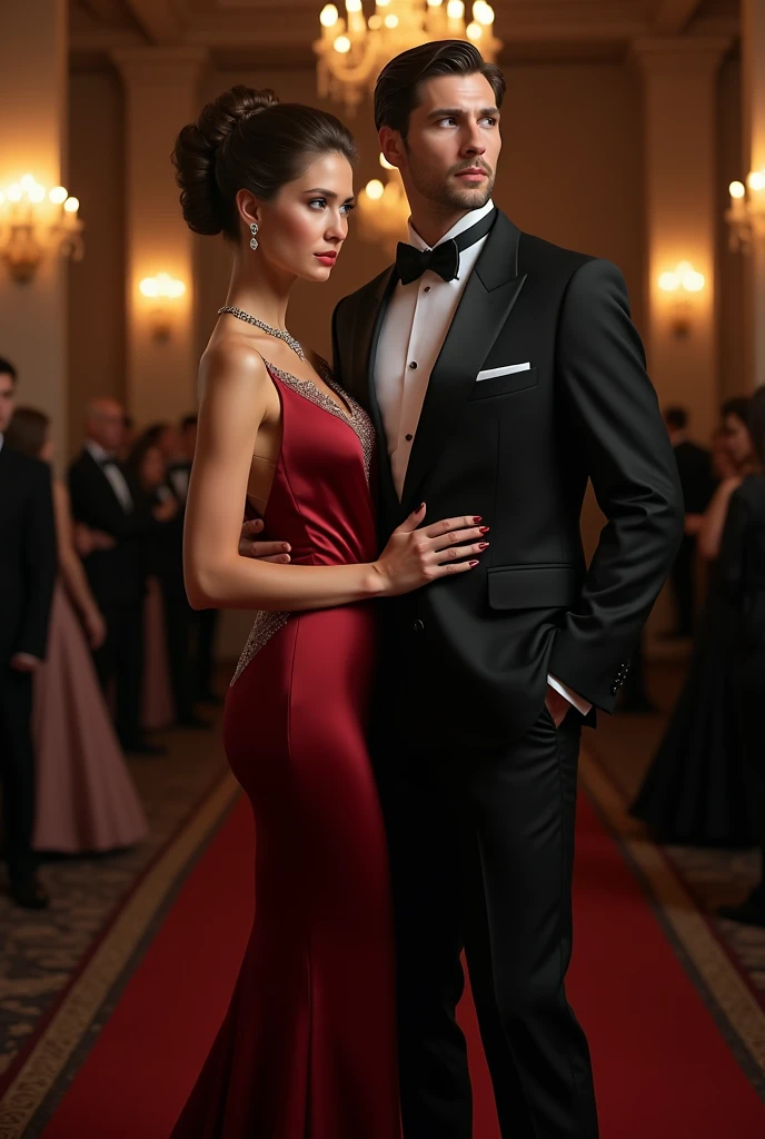 women, tan skin color, high, weight 170 pounds, short dark brown curly hair, Almond eyes with double eyelids, few eyebrows, hourglass body, mole almost in the middle of the eyebrows, long and slender hands, long feet size 9, dressed in a red dress, next to a tall man, Caucasian, light brown hair, light brown eyes, with a bushy beard,dressed in a formal black suit.
