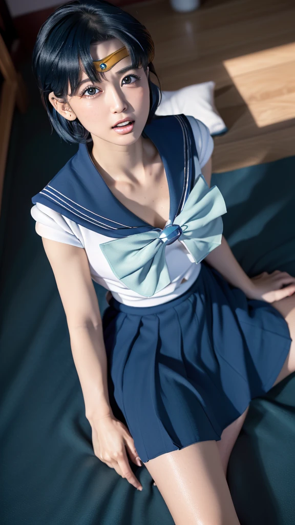 Best Quality, Masterpiece, Ultra High Resolution, (Realism: 1.4), Original Photo, A Twenty-Year-Old Girl, (Sailor Moon: 2.1) ((Ami Mizuno/Sailor Crystal, Sailor Mercury)), Charming Smile, Short Hair, Short Blue Hair, Vibrant Blue Eyes, Short Skirt, Looking at the Viewer, Pool in the Background, Dynamic Pose, OC Rendering, Water Splashing
