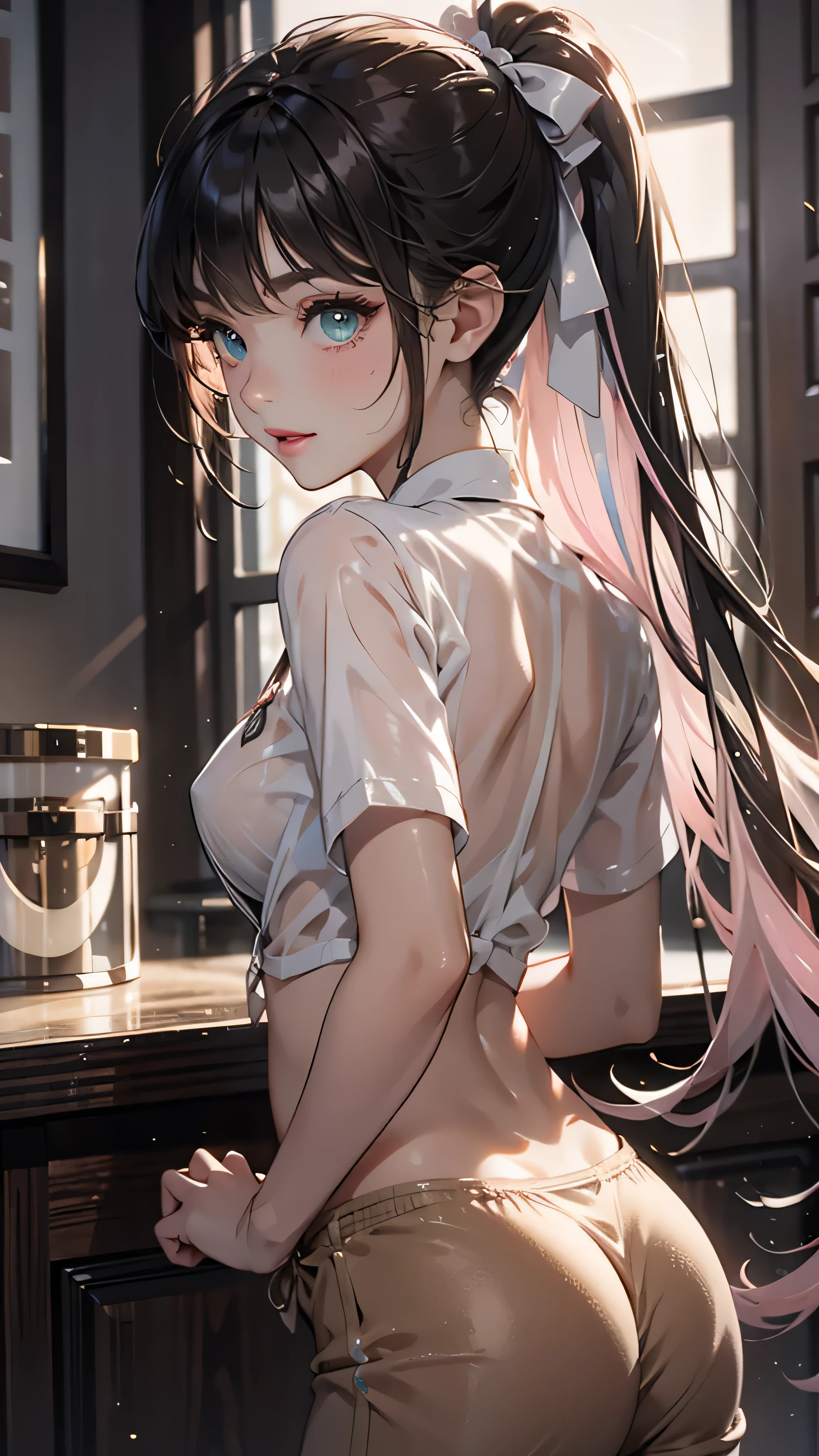 (masterpiece), highest quality, solo, 1girl, teen, young, dark skin, tan skin, ((petite)), pink hair, twin tails, upper_body, perfect_round_iris, green_eyes, absurdres_iris, wide_eyes, small waist, small hips, cute ass, extremely_delicate_body, perfect body, tan body, ((dark skin)), ((pulling shirt down over her crotch, shirt stretched tight over breasts, no pants, nude, buttocks exposed)), satisfaction, elegant_tilt, relaxed_pose, confident_stance, graceful_posture, casual_lean, enchanting_gaze, feminine_expression, curiosity_teasing_expression, [shine_pink_hair, hair_ornament, voluminous hair, long_hair, multicolored_hair, two-tone_hair, twintails, bow-shaped_hair, eyelashes, mascara, starry_green_eyes, natural makeup, makeup, parted glossy lips, sincere smile, soft_skin, tan_skin, perfect_breasts, round_breasts, delicate_clothes, twilight, nostalgic, soft pink, scenery, bokeh, serenity, rays, luminescent, as twilight falls, warm glow from a nearby lamp, casting a nostalgic light,