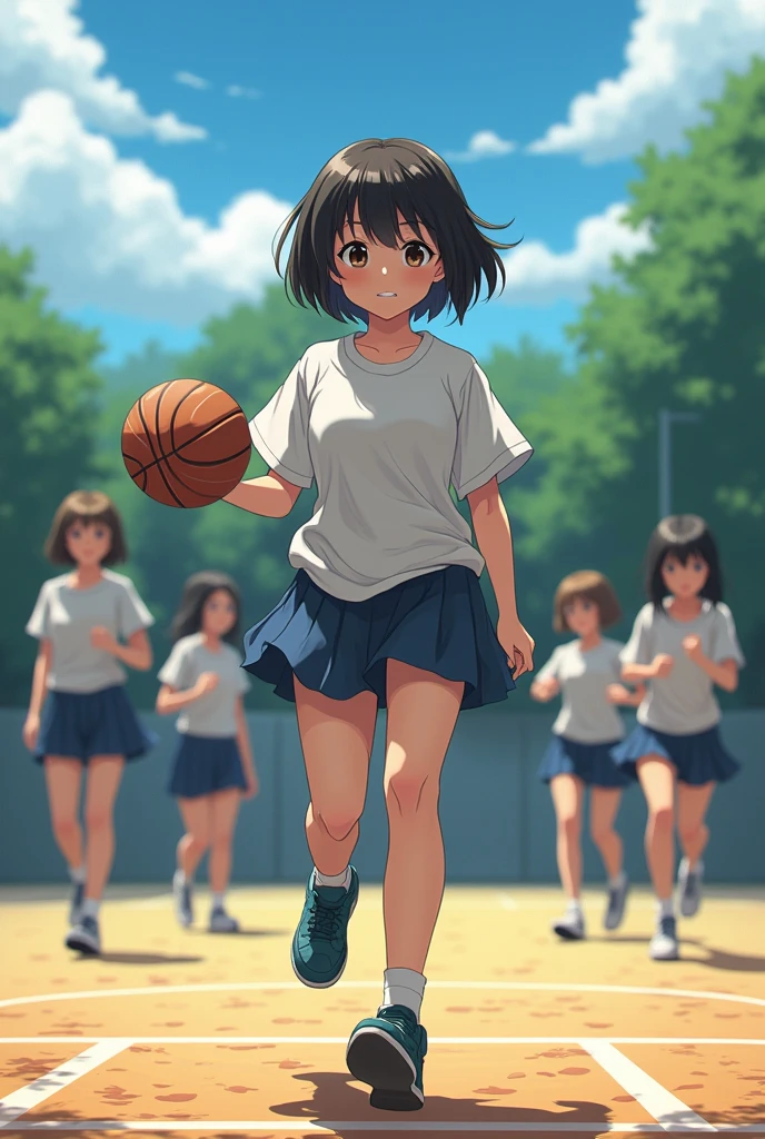 (maximum quality,Anime,anime art style:1.2) yuyushiki, Young girl, , wet with sweat、Playing the Basketball, (Looking away:1.5),coloured々Movement,sleeveless,