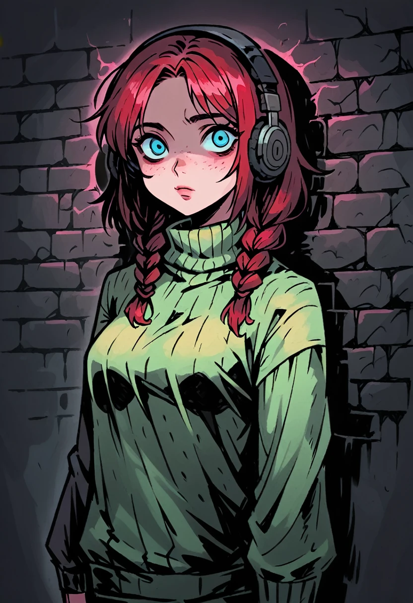 Medium close-up of a pale, slender girl, medium hair, korean maroon hair with braids, contrast blue eyes with slightly freckles. She has thoughtful eyes and wander face expression, looking directly at the viewer, with a finely detailed, ultra-clear face. She has small black headphones. She wears clean green woolen sweater. The background features a weathered brick wall with maroon neon green light, creating dark, atmospheric scene. Highly detailed, inspired by Chris Bourassa's. Dramatic lightning, maroon neon lamp lights. Somber character design with thick outlines.
