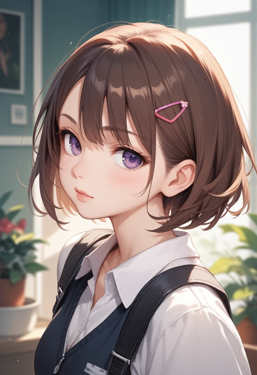 higuchi_madokashort hair, brown hair, purple eyes, hair clip,