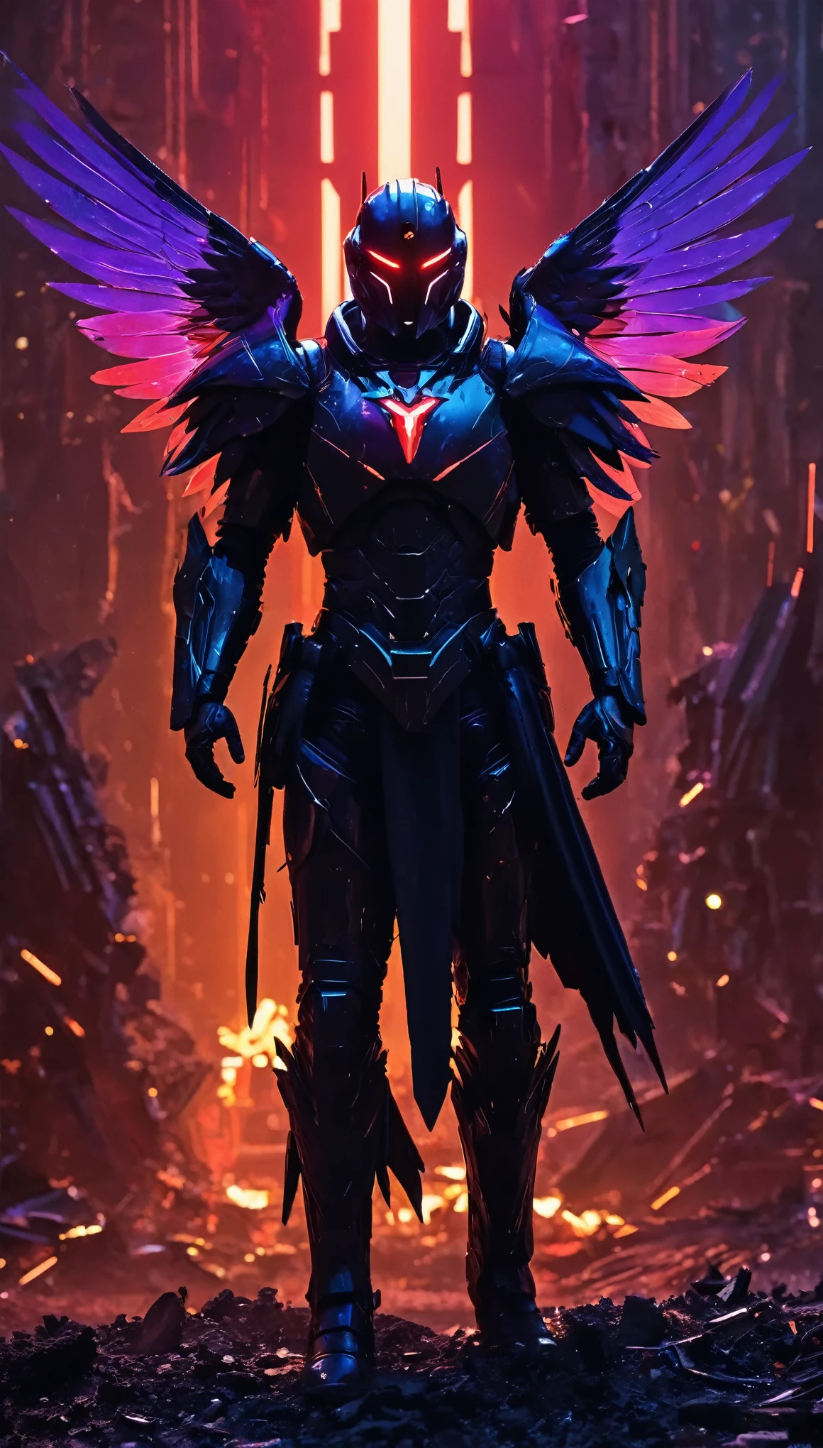 A man in a suit with wings stands in a dark room - SeaArt AI