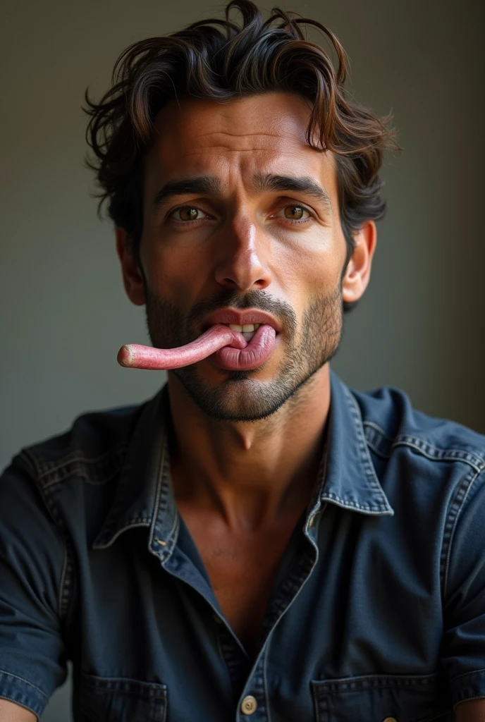 Serious man with an expression of pleasure with his mouth open and tongue out