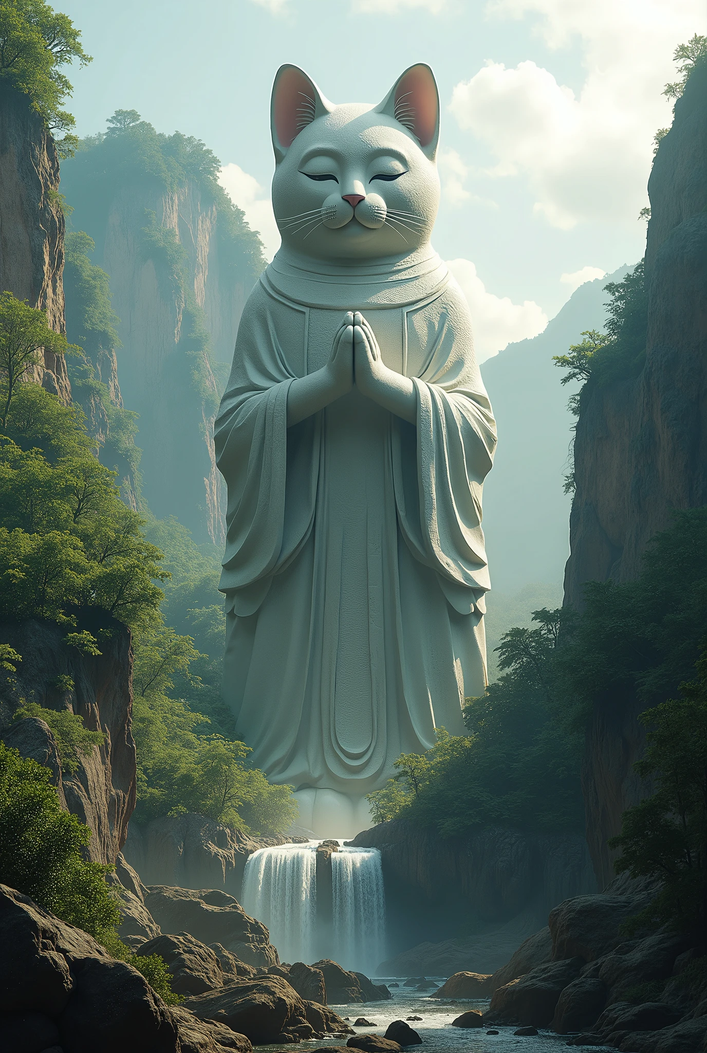 Une statue de chat au japon. La statue est dans un temple. Elle se trouve à la campaign. Les couleurs sont rouges, et blanc. The sun rises. Ambiance manga, lofi, anime. Ambianc relaxante. The statue of chat lève la patte. La nature est de couleur verte et rose. Des arbres rroses se trouvent dans le temple. Le temple est de style japonais. Asie. Japon. Buddha.