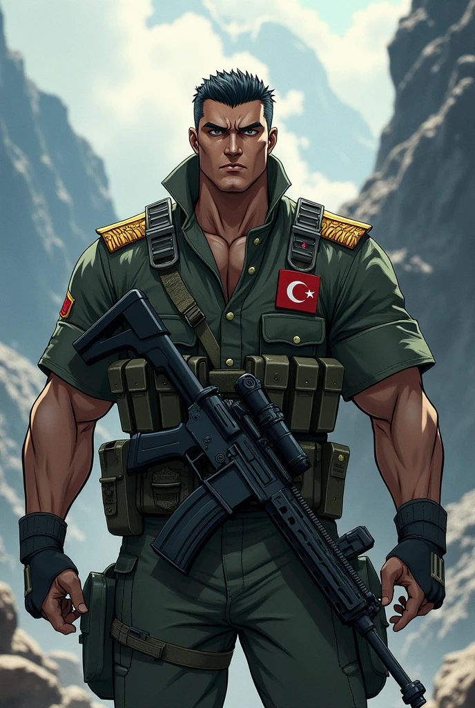 A bodybuilder red Hawk, with sun glasses, rifle on the hand, red baret on the head, ironman styled, fearless on a mountain, Turkish flag in the background ,on a rainy night under the moonlight 