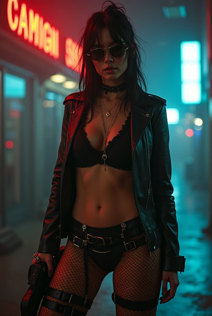 Blade Runner style futuristic city street, at night. (((1girl, solo, alone))), large-breast:1.3 slim:0.8 body, medium hair, cleavage:1.1, sexy micro laced lingerie with jacket, (black sunglasses), ((she raised a pistol:1.8 and shot the viewer)), standing pose, ((half-body thigh:0.95 level medium shot)), cinematic lighting, lens flare, ray tracing.