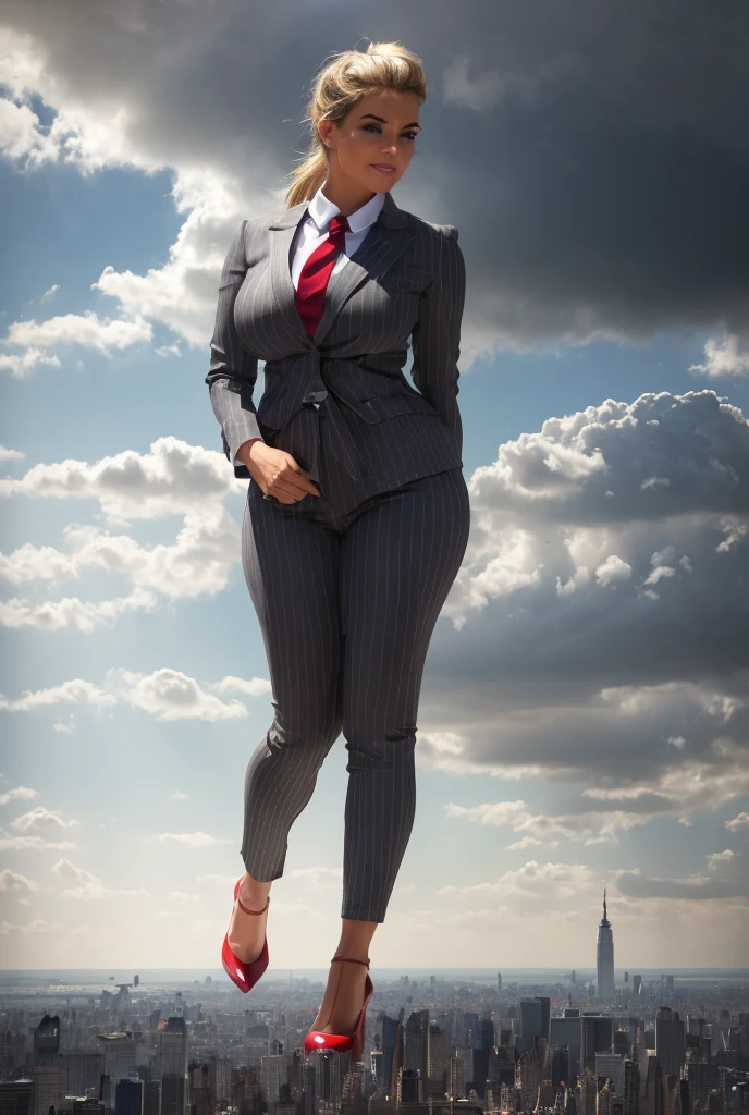 Young adult women beautiful curves a massive thighs blonde hair in a ponytail lipstick wearing a perfect perfect tailored grey pinstriped trouser suit and blazer, crisp white shirt and large broad red windsor knot tie,colossal breasts. Platform high heels , standing, giantess art, tie bar, highly detailed giantess shots, giantess, most detailed, perfect face, Two legs, Five fingers, short hair, A girl who is bigger than a skyscraper, standing on very small city new york, skyscarpers at their feet, skyscrapers small, smile, huge breasts, major metropolis, numerous cities, , A very small big city, Miniature metropolis, Full body description, GTS, giga giantess, gigagts, stomping city, crash city, tiny city, micro city, , High resolution, highest quality, masterpiece,  tiny destroyed skyscrapers city, illustration, skyscrapers size of small toys standing behind and very far away from city, (masterpiece, best quality, best shadows, best shading, perfect hands, perfect face, cinematic lighting, colorful, ultra-detailed, beautiful photography, character focus, extremely-detailed, photorealistic, hyper photorealism, atmospheric), ), (giantess, stereotypical office boss), (dirty, filthy, unwashed, sweaty, unkempt, happy, tired, exhausted, annoyed), ((walking, mid stride:1.2, stepping down on:1.2, stomping, crush, rampage)), (black patent Louboutin rounded toe pumps, high heels, platform heels), ((,)), ((long ponytail hair with front bangs)), (high altitude photography, satellite view), (curvy, , heaving bosom, legs), (mega city, urban sprawl, and small towns, buildings, roads), (((cloudy, overcast, clouds and atmosphere partly obscuring the subject:1.2, hazy atmosphere, haze in foreground, wispy clouds))) footprints warzone 