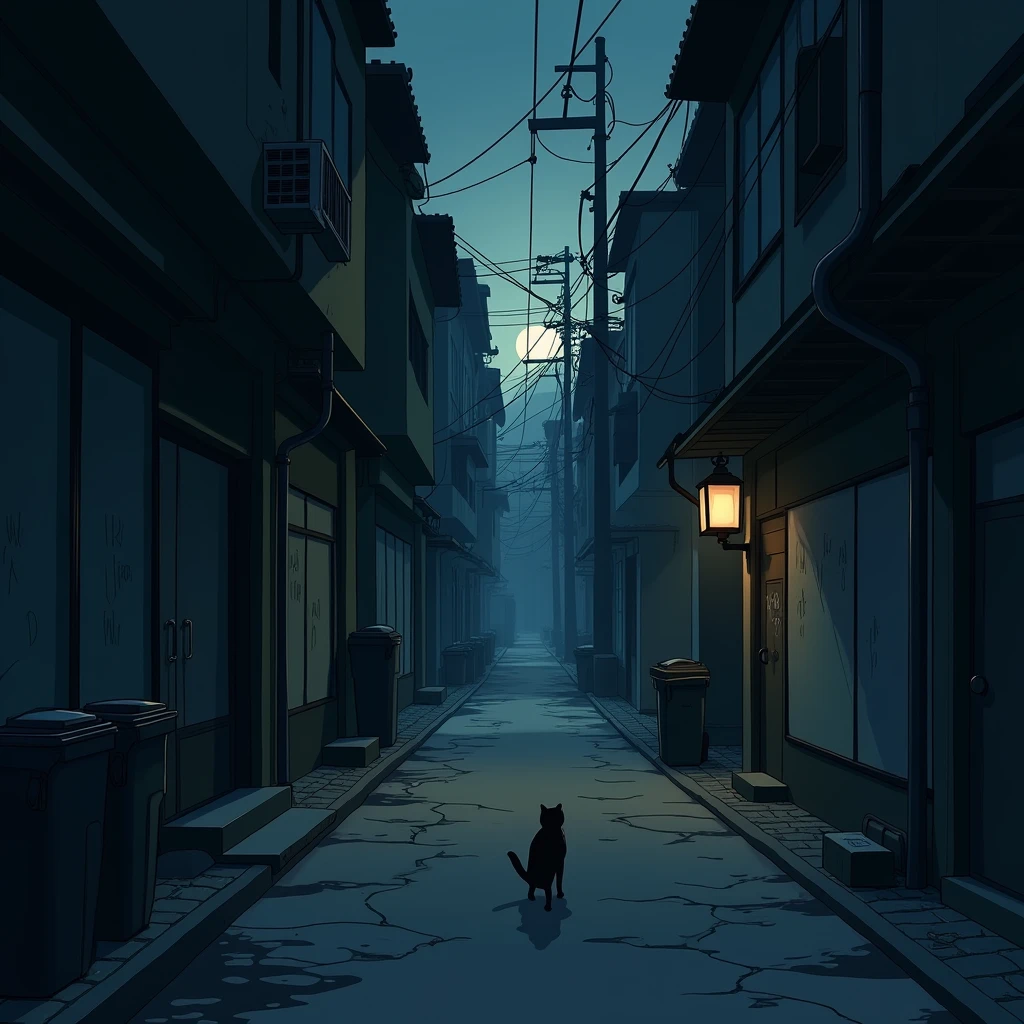 anime style image, Movie alley, Aura of mystery, poor lighting, uneven lighting, empty alley with trash cans.