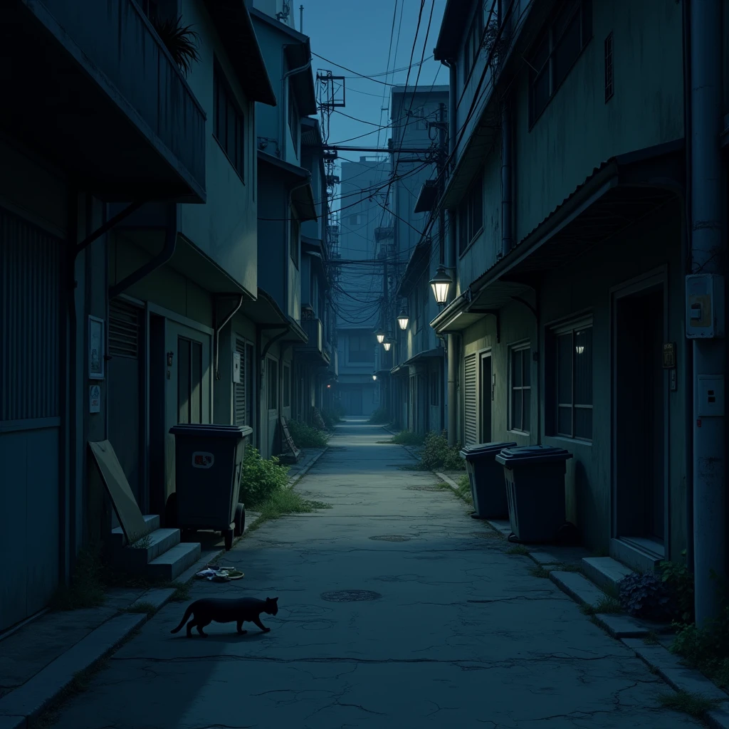 anime style image, Movie alley, Aura of mystery, poor lighting, uneven lighting, empty alley with trash cans.