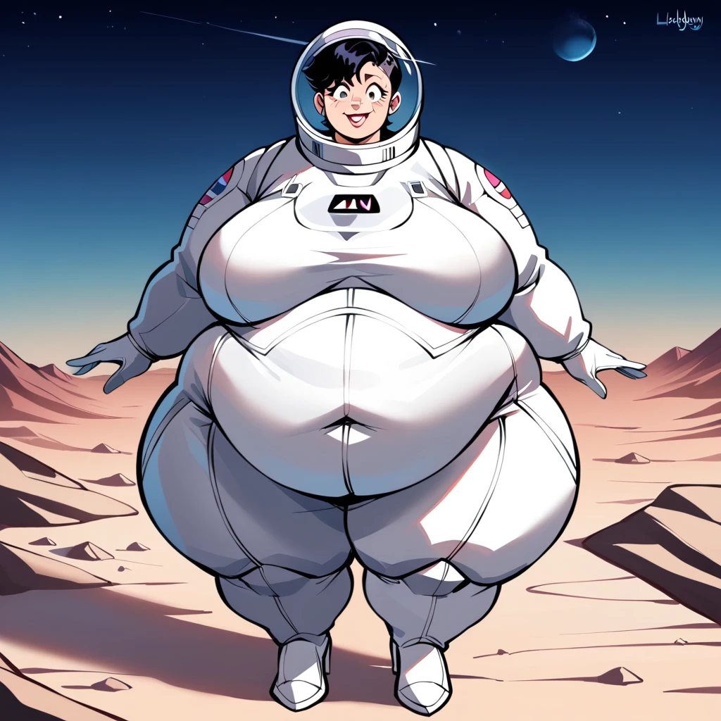 masterpiece, best quality, super detail, 4k, 1girl, anime girl, milf, hunan, (female ssbbw, covered modestly, modestly dressed, helmet off, wearing retro-future spacesuit:1.1), bbw, face clearly visible, wide ssbbw, massive belly, black hair, buzzcut, large breasts:2.0,, hanging belly, high heels, extremely wide hips:2.0, massive thighs:2.0, massive calves, malicious smile, aroused, (getting turned on, standing,  wandering in a alien planet, eyes open, facing me, eyes very well defined (high priority), pupils very well defined(High priority)),(Face close to viewpoint) , Image in anime style, add detail, Background:(alien landscape, detailed ground, alien flora), face takes pov, high detail eyes, high detail pupils