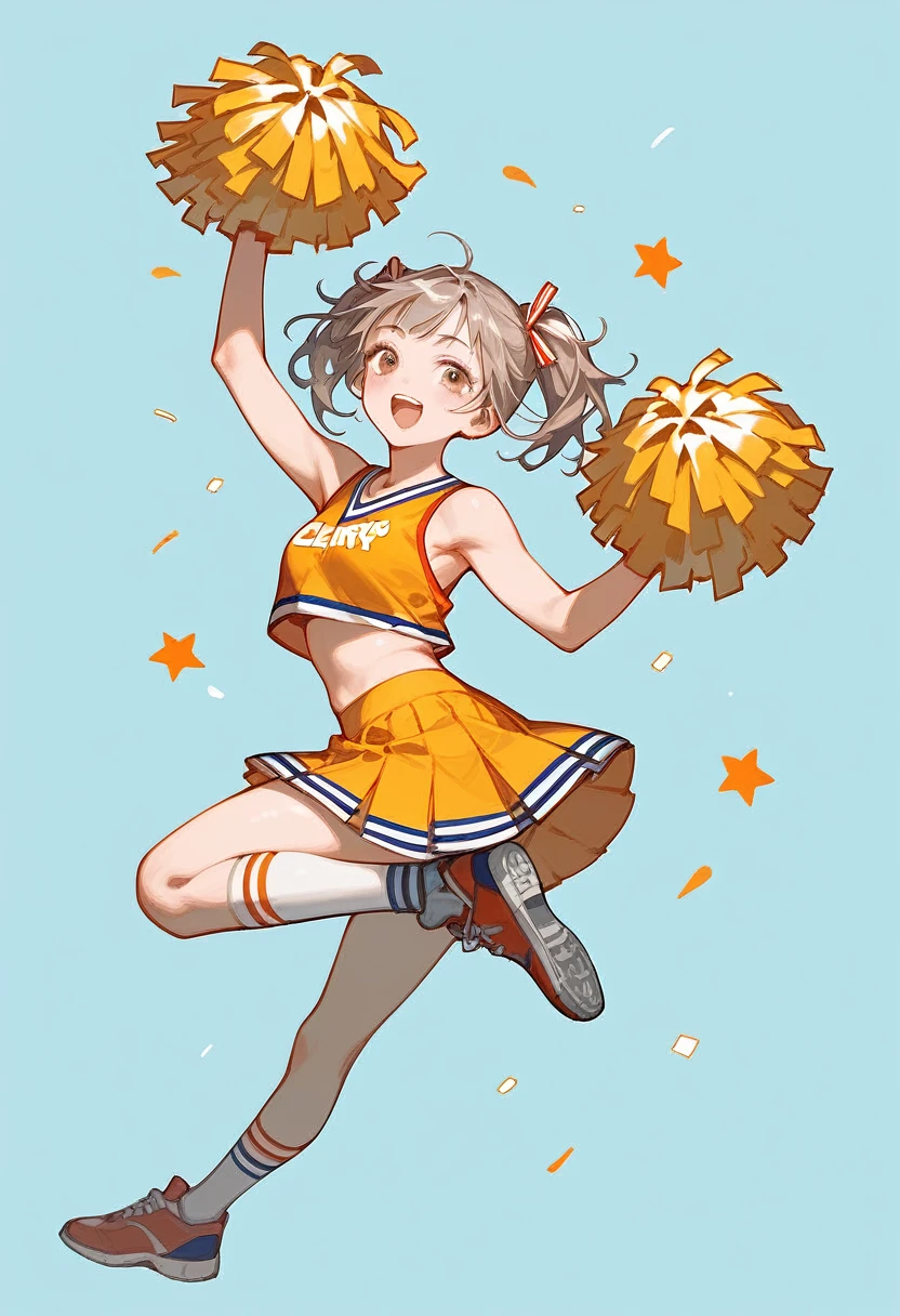 1girl,full body,from behind,cheerdance,Pom-poms in both hands,right hand punch up,left legs up,liberty pose,simple background