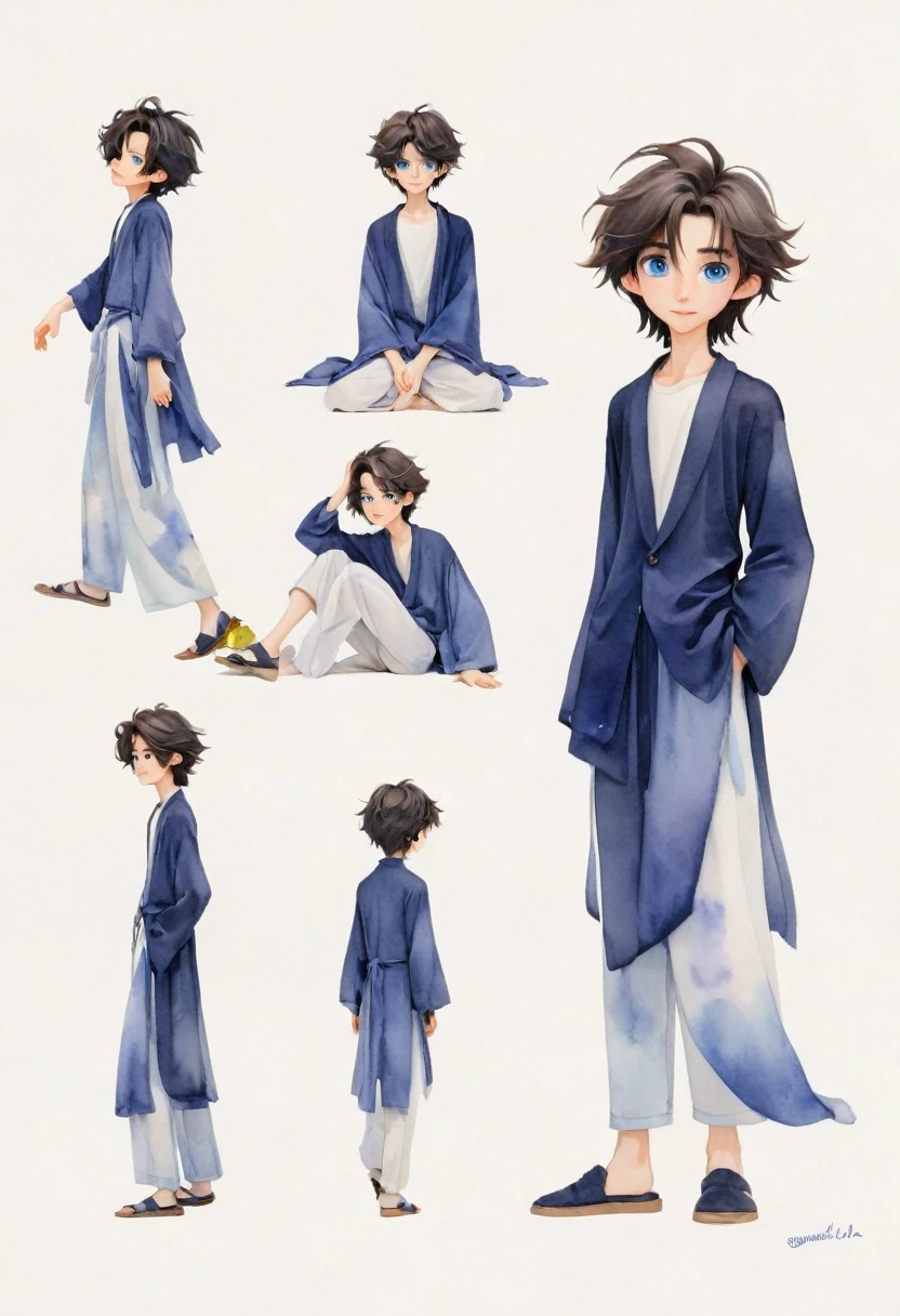 
A pretty and handsome delicate skinny male, with very poofy exagerrated lila long hair, and blue eyes,
Slender and thin body,
Soft_brush, Soft_light, 
Various Poses,
Whimsical watercolor cartoon style, 
comic art, minimalistic and clear white background, 
Character sheet, various poses, 
lively emotional postures.
In the style of kawaii anime aestetic illustration, fine and whimsical design, soft watercolor.