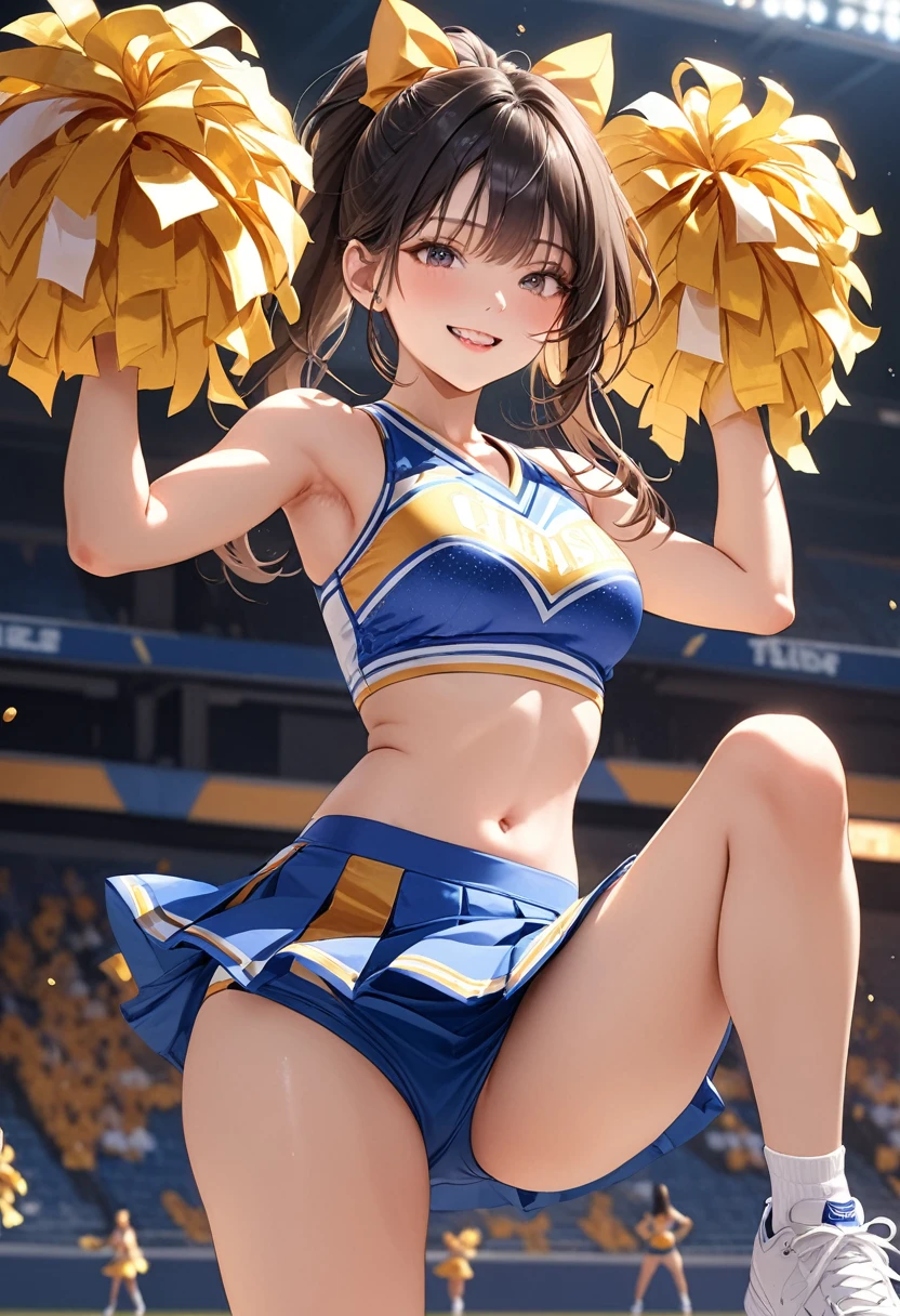 (masterpiece, best quality:1.2), 1girl, full body,cheerleaders,(pom-pom in both hands:1.3),standing one leg,(raise one leg:1.2),cheer dance